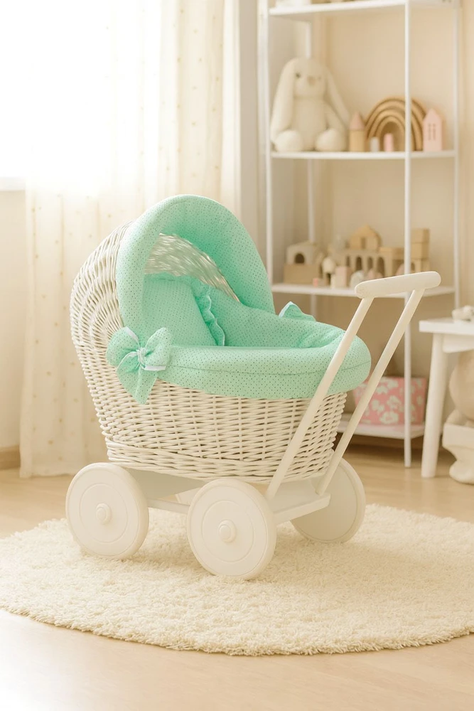 My Sweet Baby Lėlių pintas vežimėlis baltas su mėtų spalvos patalyne