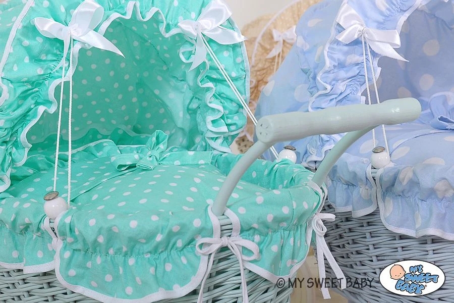 My Sweet Baby Lėlės pintas vežimėlis su mėtų spalvos patalyne – baltas