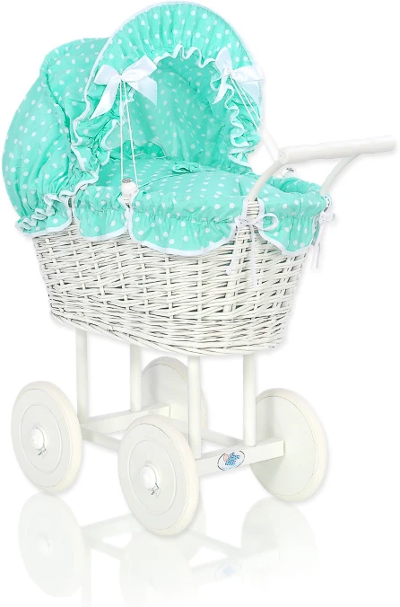 My Sweet Baby Lėlės pintas vežimėlis su mėtų spalvos patalyne – baltas