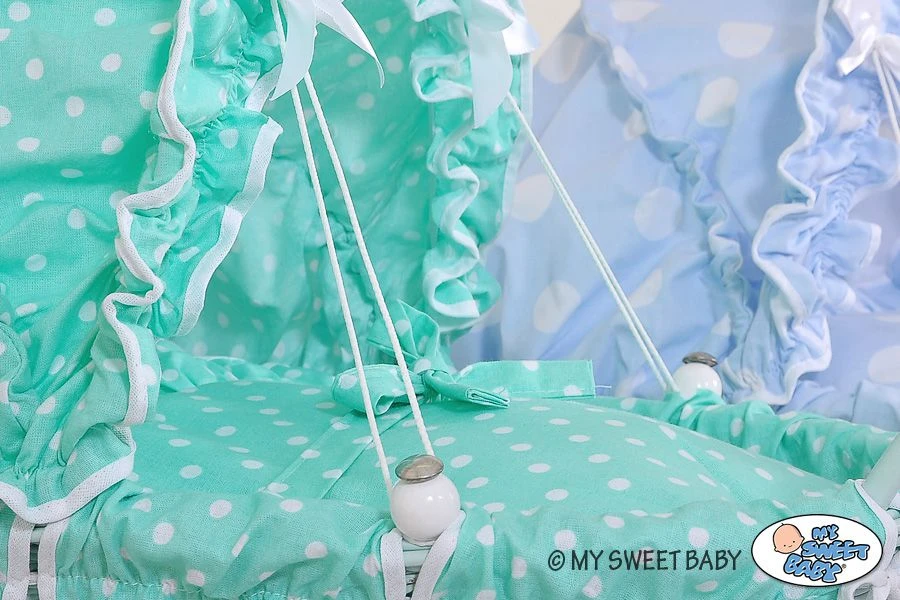 My Sweet Baby Lėlės pintas vežimėlis su mėtų spalvos patalyne – baltas