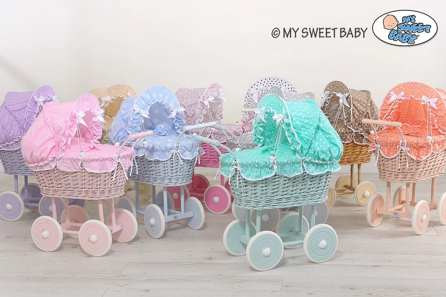 My Sweet Baby Lėlės pintas vežimėlis su mėtų spalvos patalyne – baltas