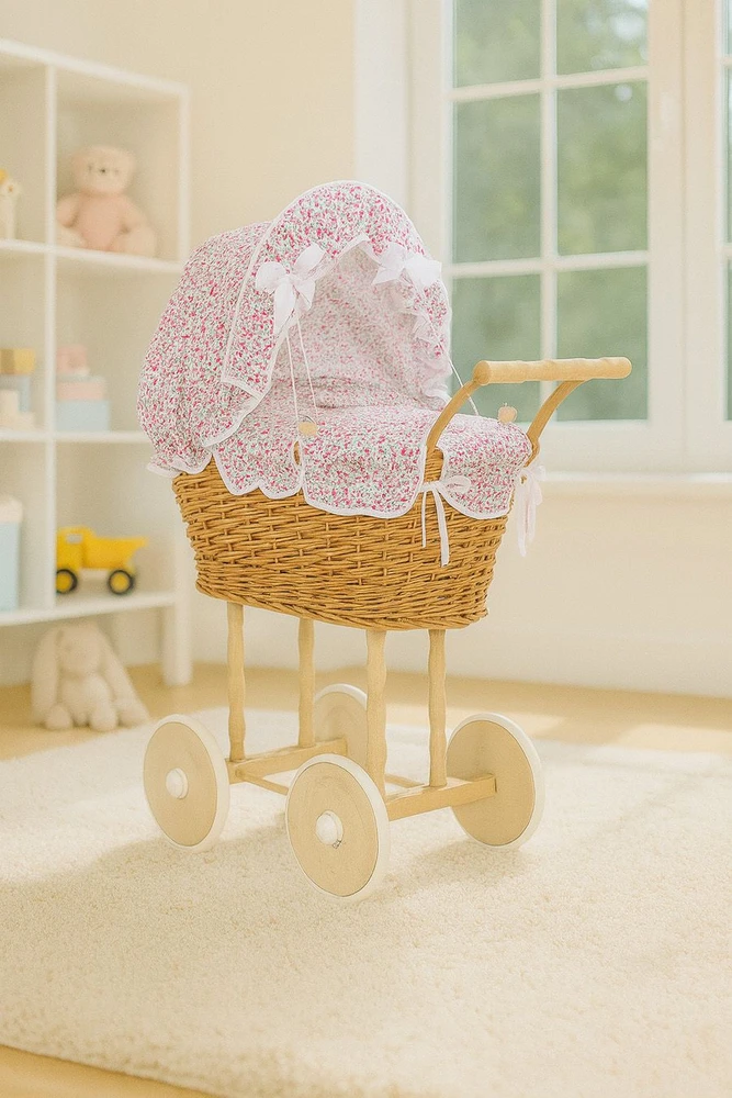 My Sweet Baby Lėlių pintas vežimėlis su rožine patalyne – natūralus