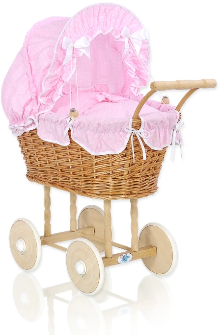 My Sweet Baby Lėlės pintas vežimėlis su rožine patalyne – natūralus