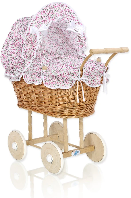 My Sweet Baby Lėlių pintas vežimėlis su rožine patalyne – natūralus