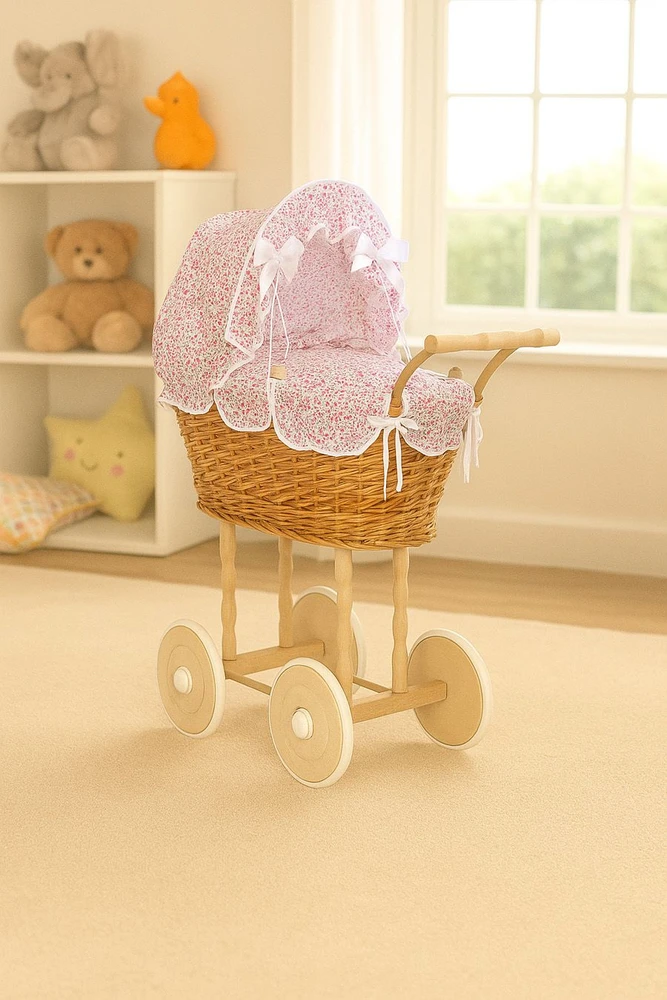 My Sweet Baby Lėlių pintas vežimėlis su rožine patalyne – natūralus