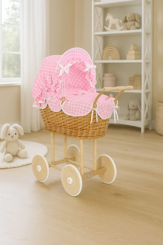 My Sweet Baby Lėlės pintas vežimėlis su rožine patalyne – natūralus