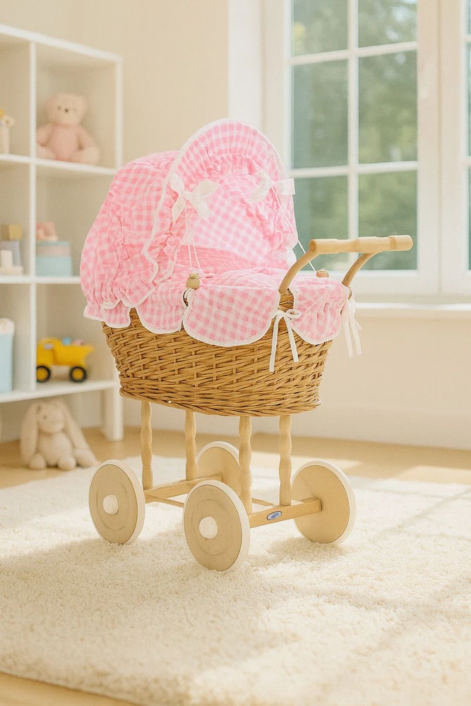 My Sweet Baby Lėlės pintas vežimėlis su rožine patalyne – natūralus