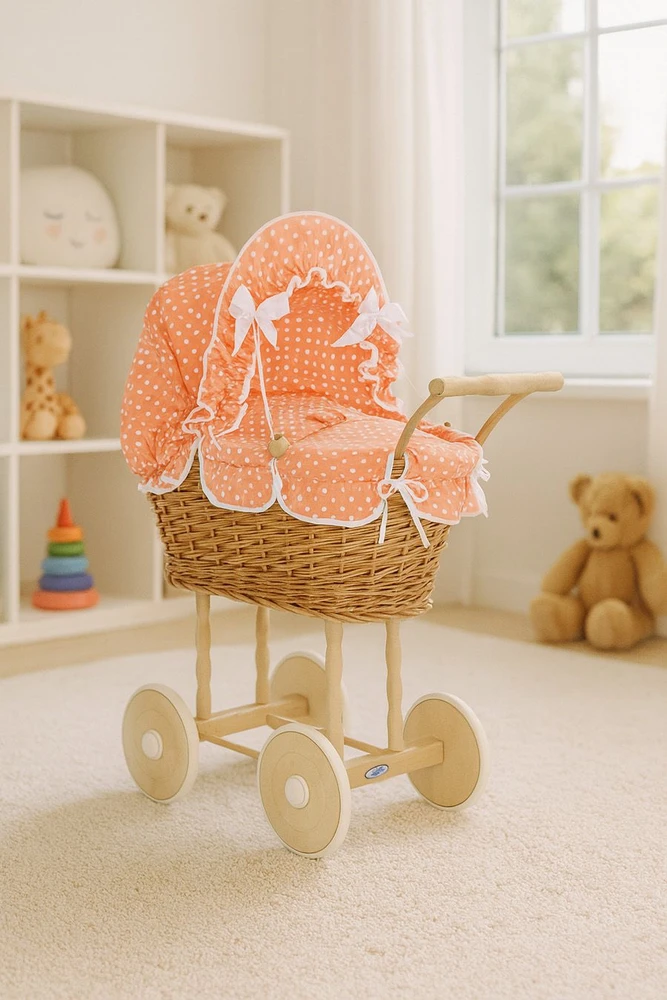 My Sweet Baby Lėlės pintas vežimėlis su persikine patalyne – natūralus