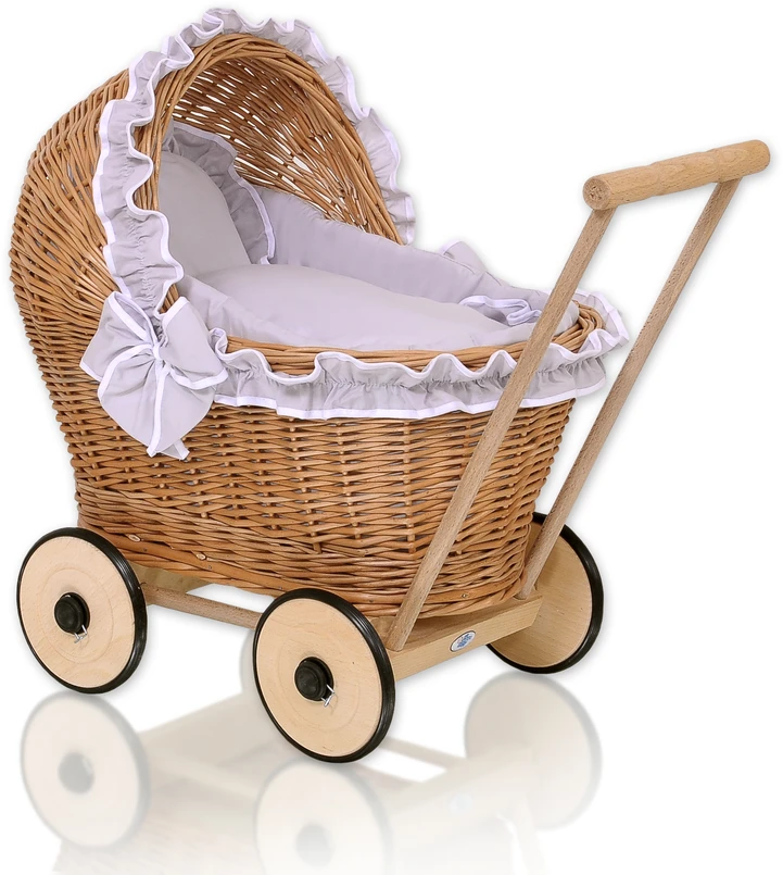 My Sweet Baby Lėlių vežimėlis su pilka patalyne ir paminkštinimu – natūralus