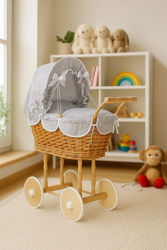 My Sweet Baby Lėlės pintas vežimėlis su pilka patalyne – natūralus