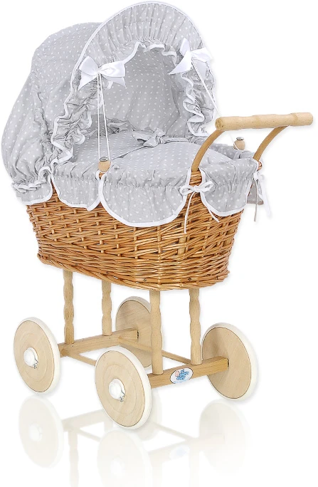 My Sweet Baby Lėlės pintas vežimėlis su pilka patalyne – natūralus