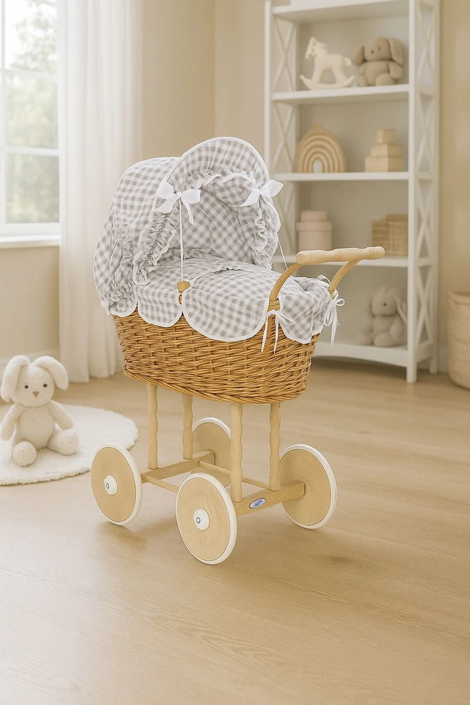 My Sweet Baby Lėlės pintas vežimėlis su pilka patalyne – natūralus