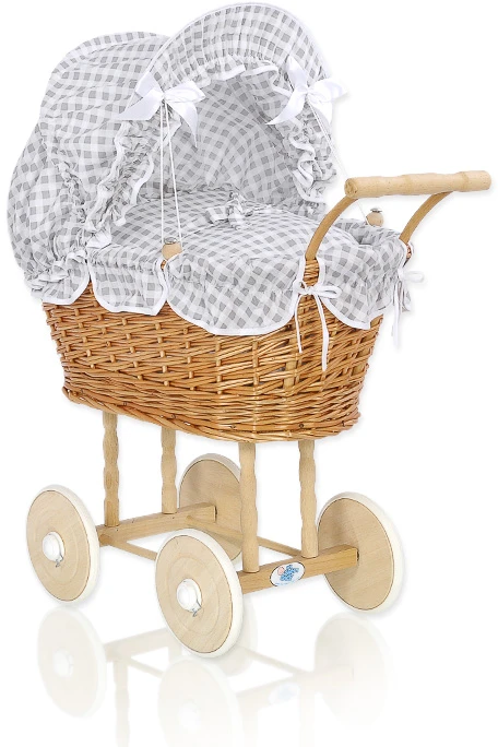 My Sweet Baby Lėlės pintas vežimėlis su pilka patalyne – natūralus