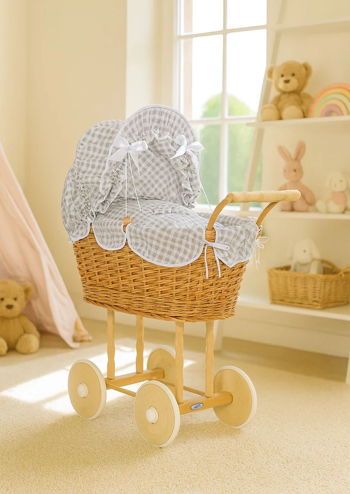 My Sweet Baby Lėlės pintas vežimėlis su pilka patalyne – natūralus