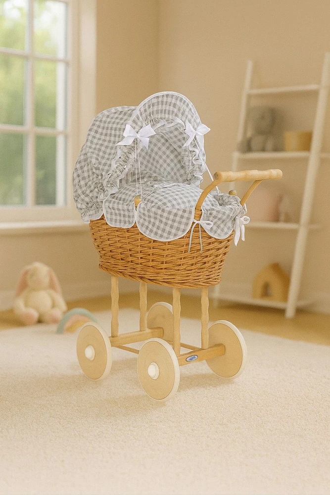 My Sweet Baby Lėlės pintas vežimėlis su pilka patalyne – natūralus