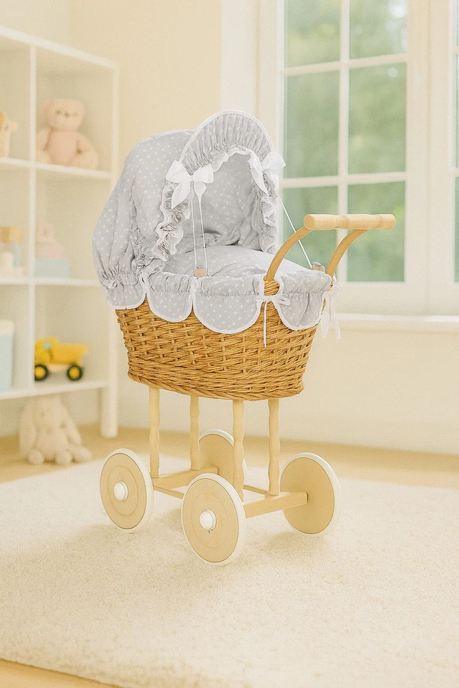 My Sweet Baby Lėlės pintas vežimėlis su pilka patalyne – natūralus