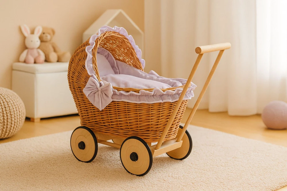 My Sweet Baby Lėlių vežimėlis su pilka patalyne ir paminkštinimu – natūralus