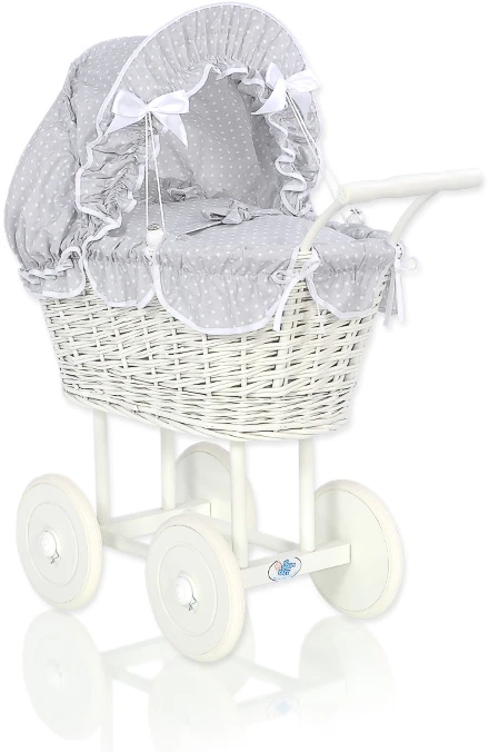 My Sweet Baby Lėlės pintas vežimėlis su pilka patalyne – baltas
