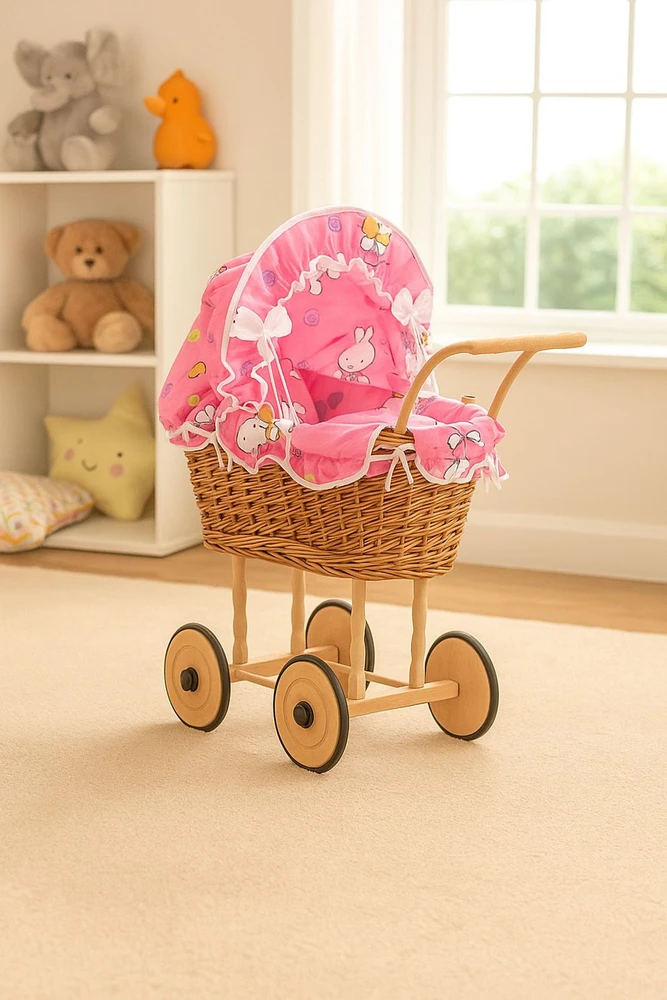 My Sweet Baby Lėlės pintas vežimėlis su rožine patalyne – natūralus