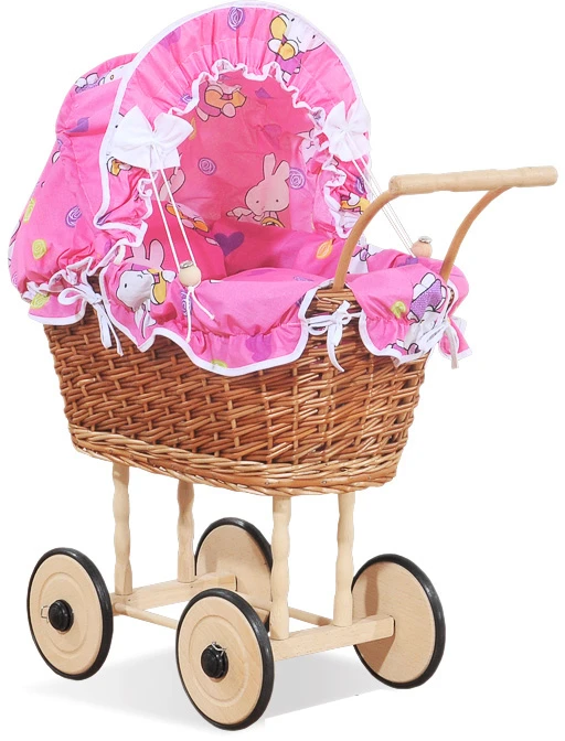 My Sweet Baby Lėlės pintas vežimėlis su rožine patalyne – natūralus