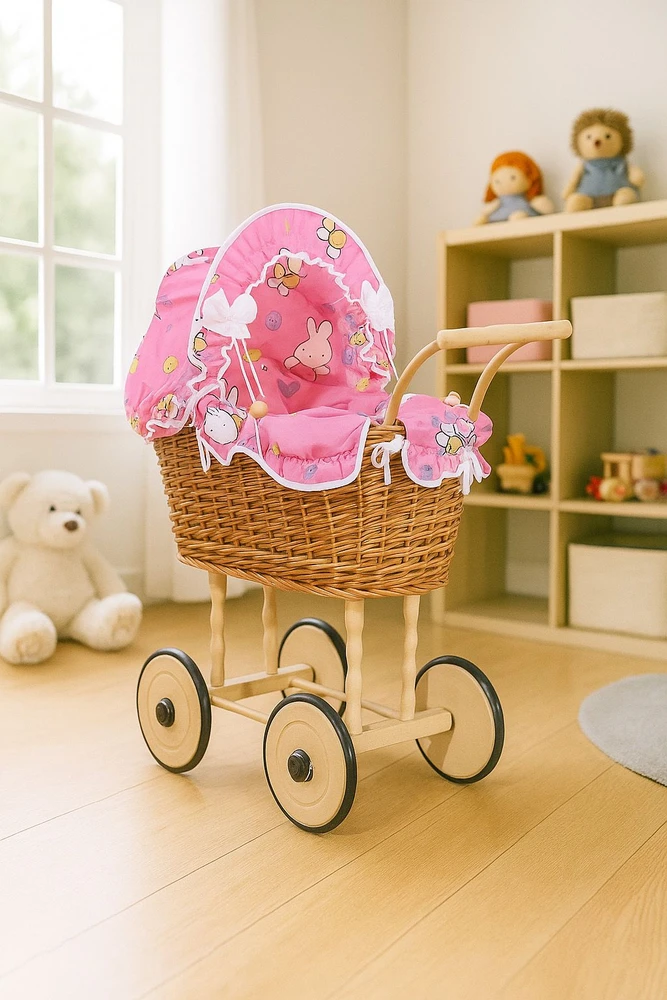 My Sweet Baby Lėlės pintas vežimėlis su rožine patalyne – natūralus