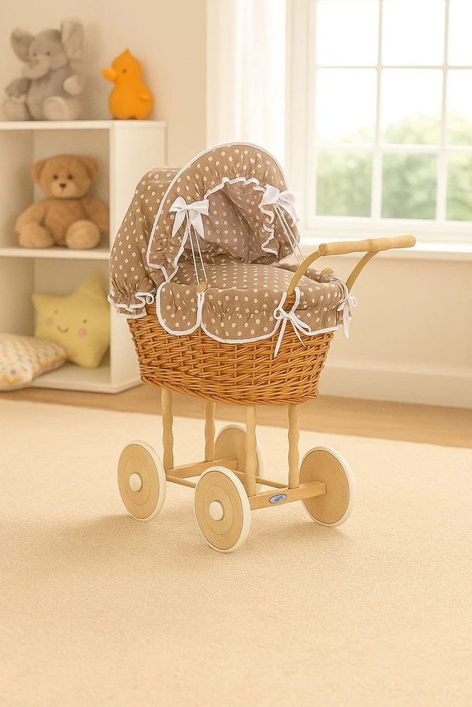 My Sweet Baby Lėlės pintas vežimėlis su ruda patalyne – natūralus
