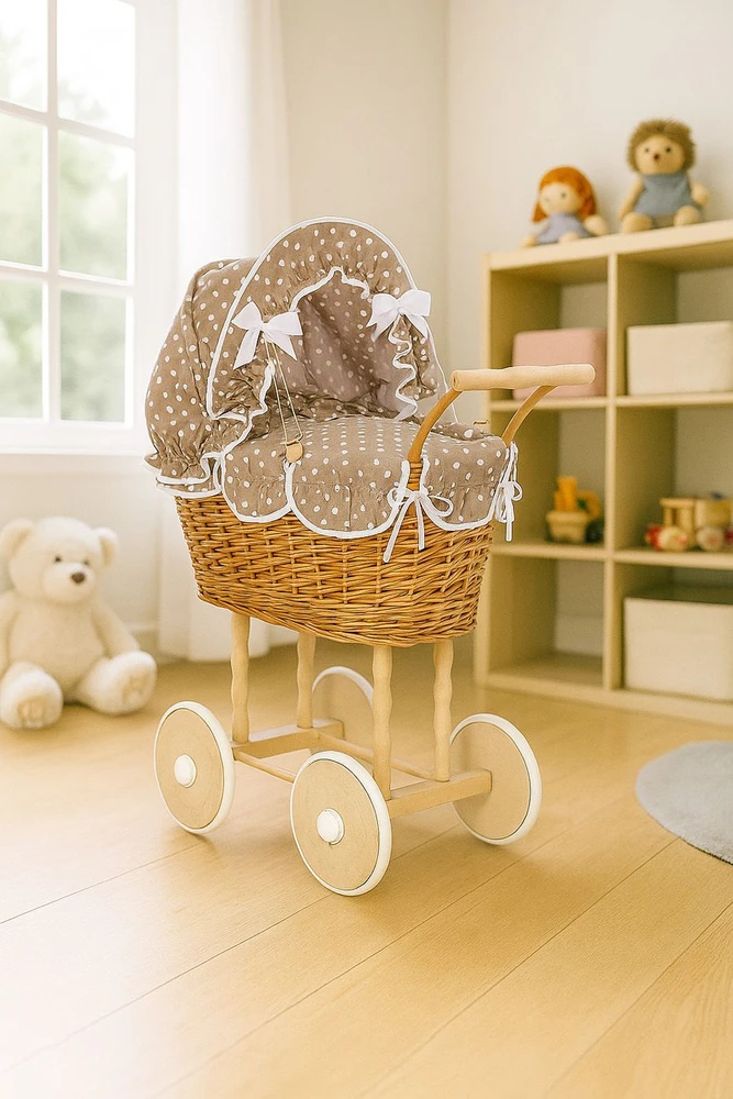 My Sweet Baby Lėlės pintas vežimėlis su ruda patalyne – natūralus