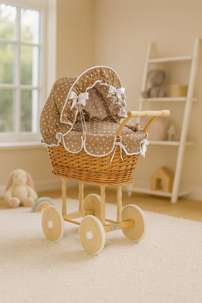 My Sweet Baby Lėlės pintas vežimėlis su ruda patalyne – natūralus