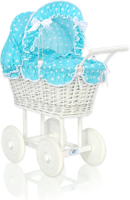 My Sweet Baby Lėlių pintas vežimėlis su turkio spalvos patalyne – baltas