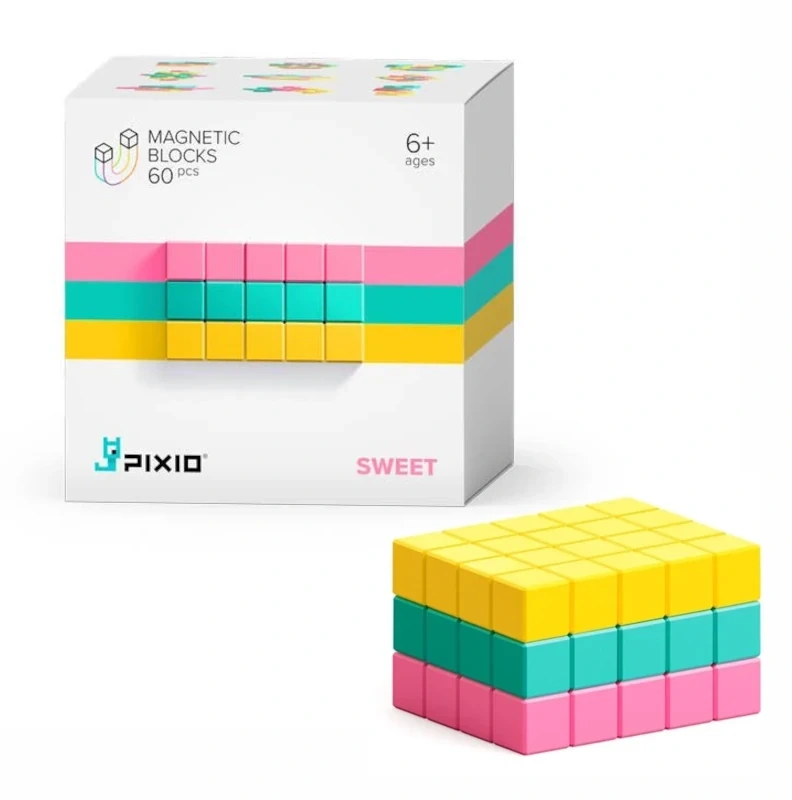Pixio Sweet magnetinių kubų rinkinys vaikams nuo 6 metų, 60 dalių, skatina erdvinę vaizduotę, geltona, rožinė, turkio
