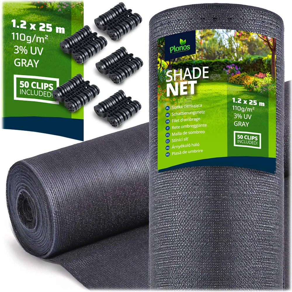 Plonos Tinklelis nuo šešėlių 1,2 x 25 m, 110 g/m2 + 50 spaustukų, pilkas