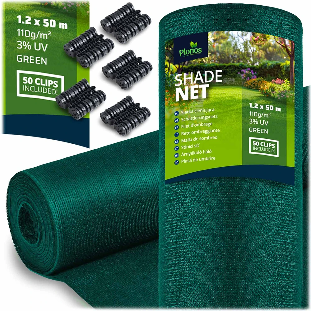Plonos Tinklelis nuo šešėlių 1,2 x 50 m, 110 g/m² + 50 spaustukų, žalias