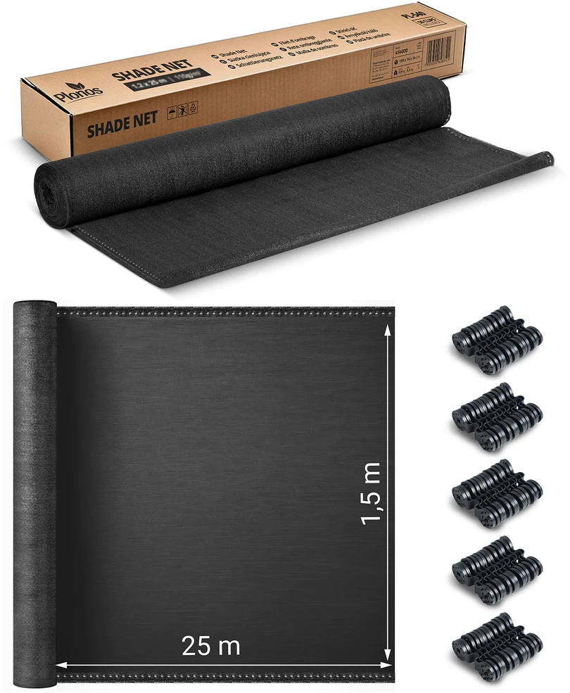 Plonos Tinklelis nuo šešėlių 1,5 x 25 m, 110 g/m² + 50 spaustukų, pilkas