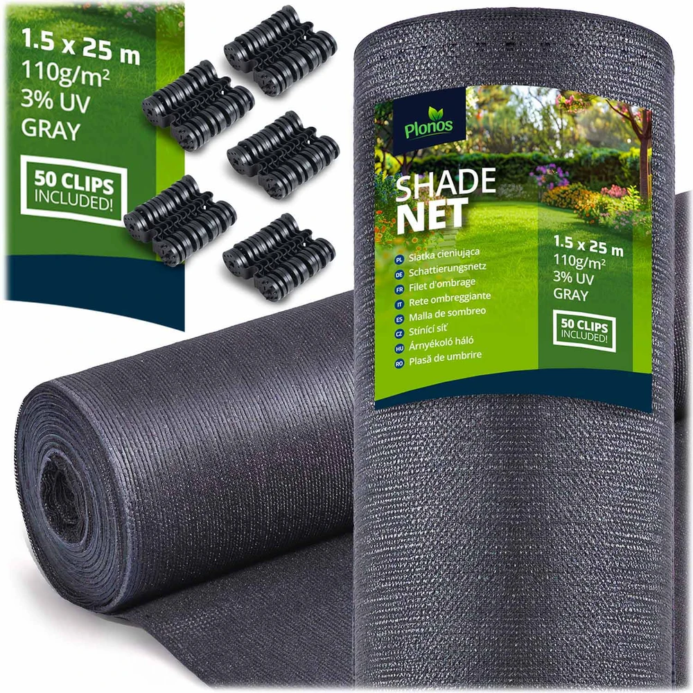 Plonos Tinklelis nuo šešėlių 1,5 x 25 m, 110 g/m² + 50 spaustukų, pilkas