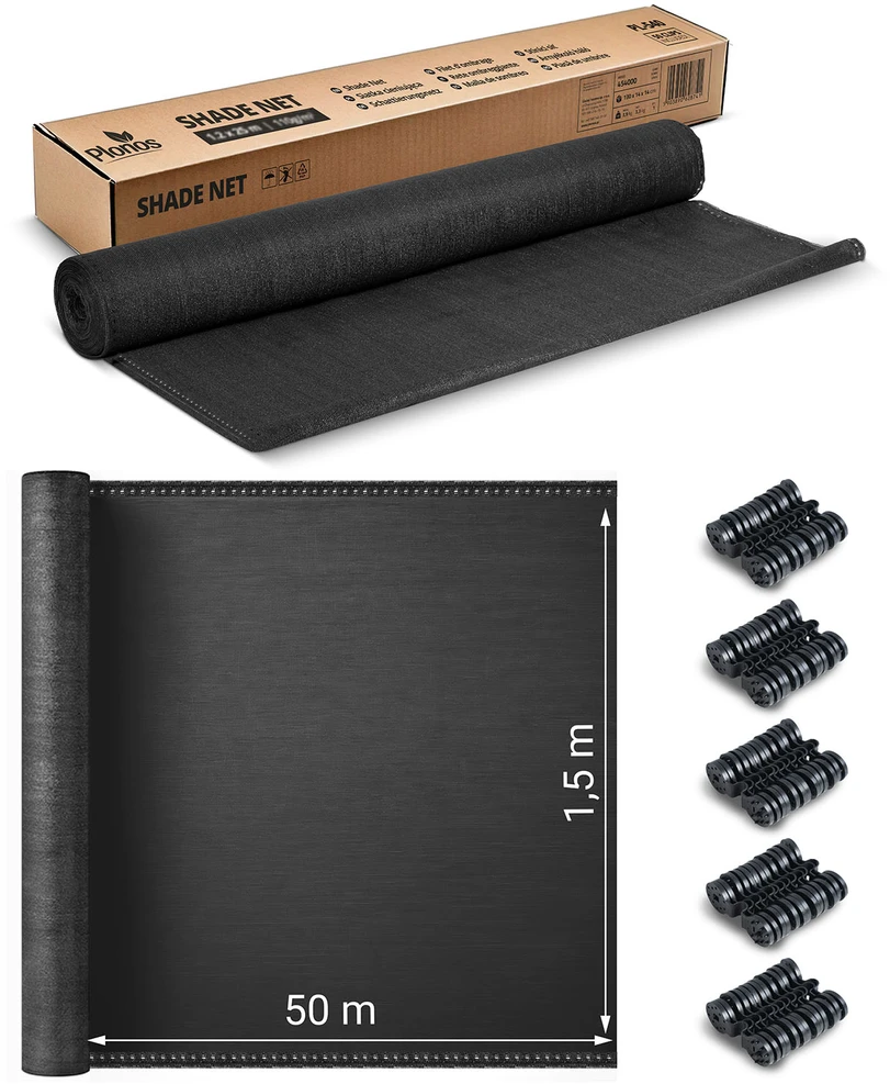 Plonos Tinklelis nuo šešėlių 1,5 x 50 m, 110 g/m² + 50 spaustukų, pilkas