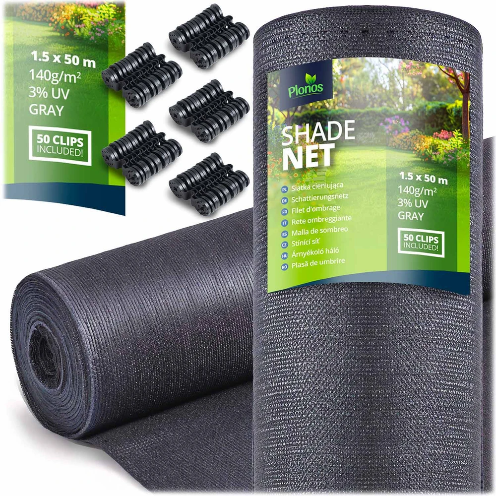 Plonos Tinklelis nuo šešėlių 1,5 x 50 m, 140 g/m² + 50 spaustukų, pilkas