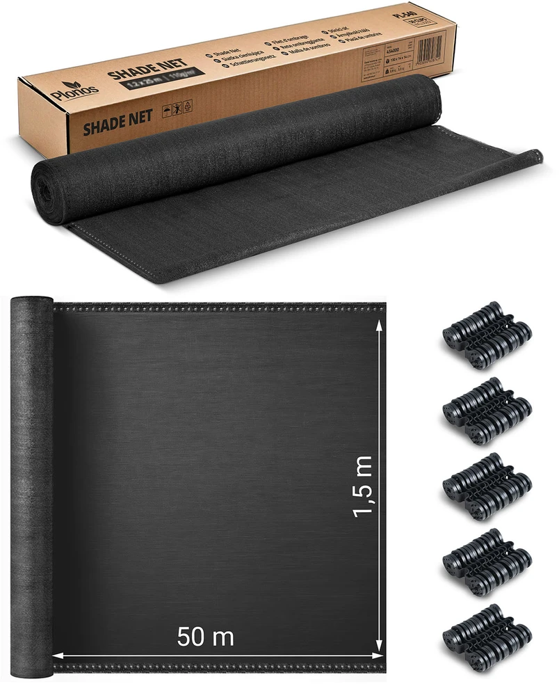 Plonos Tinklelis nuo šešėlių 1,5 x 50 m, 140 g/m² + 50 spaustukų, pilkas