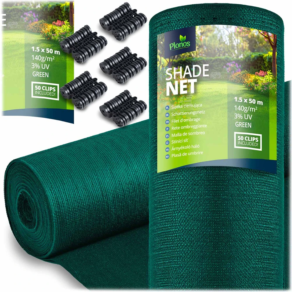 Plonos Tinklelis nuo šešėlių 1,5 x 50 m, 140 g/m² + 50 spaustukų, žalias