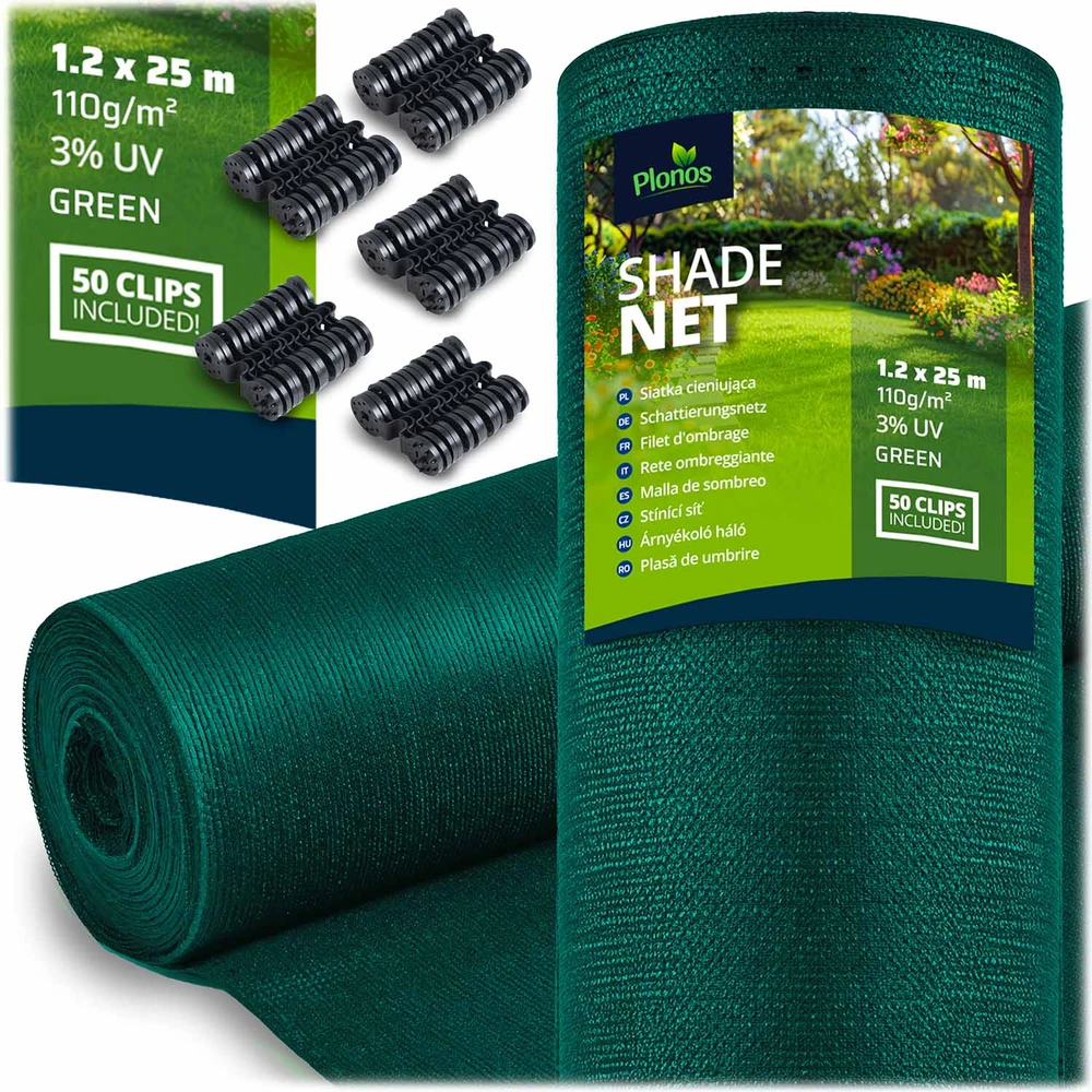Plonos Tinklelis nuo šešėlių 1,2 x 25 m, 110 g/m² + 50 spaustukų, žalias