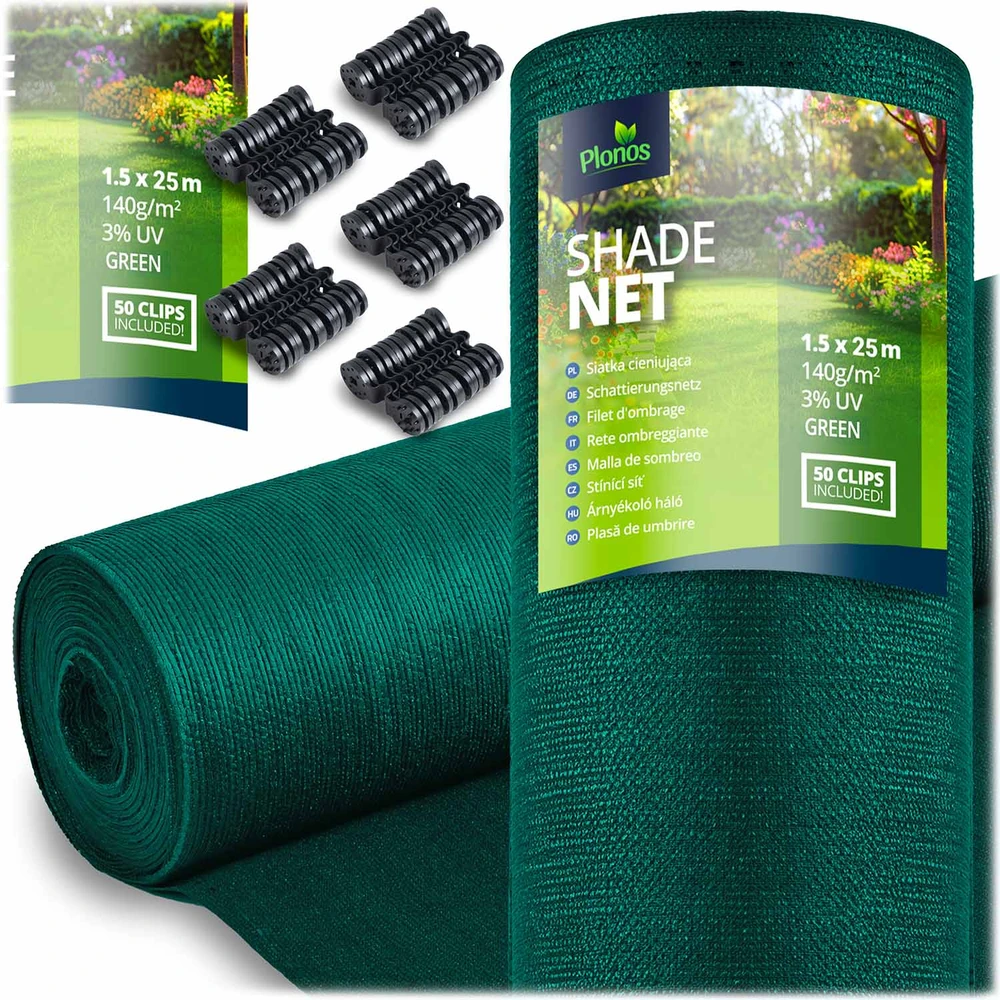 Plonos Tinklelis nuo šešėlių 1,5 x 25 m, 140 g/m², žalias + 50 spaustukų