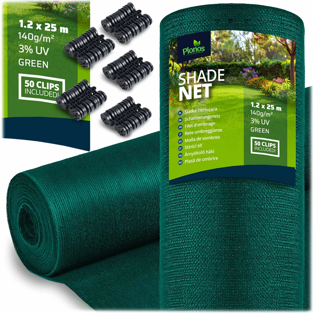 Plonos Tinklelis nuo šešėlių 1,2 x 25 m, 140 g/m² + 50 spaustukų, žalias