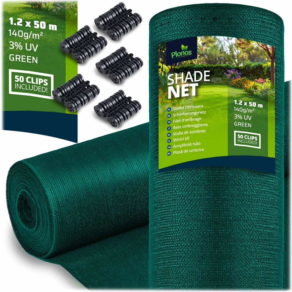 Plonos Tinklelis nuo šešėlių 1,2 x 50 m, 140 g/m² + 50 spaustukų, žalias