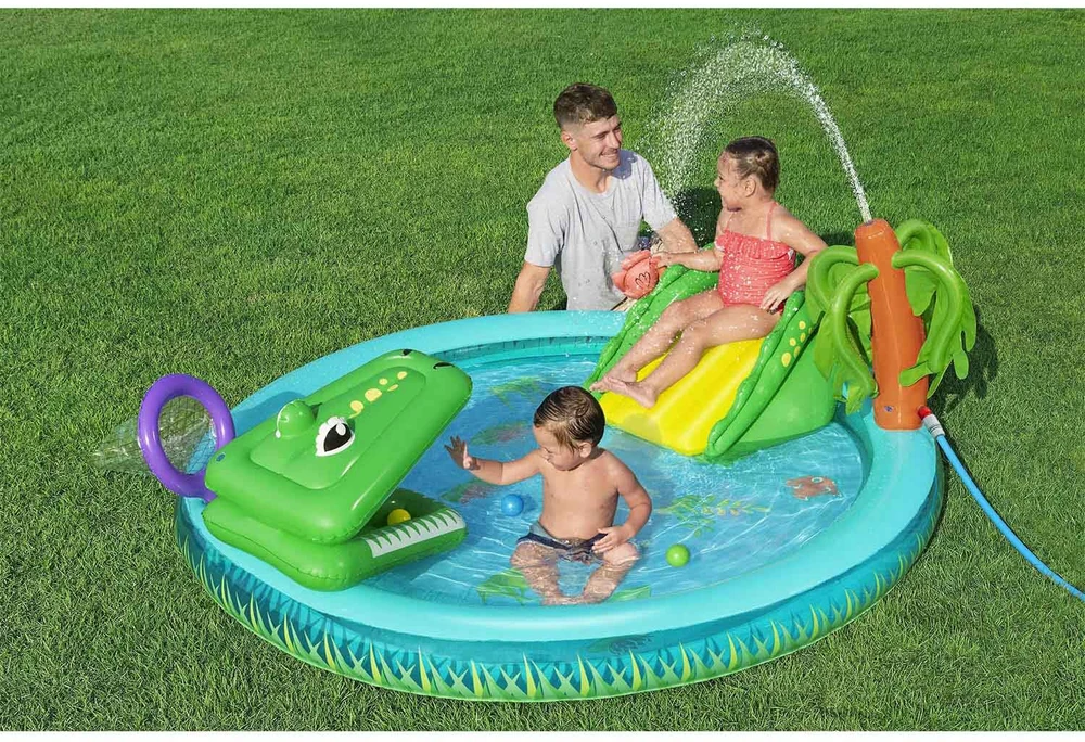 Bestway pripučiama žaidimų aikštelė CROCODILE čiuožykla + purkštuvas + kamuoliukai 53166