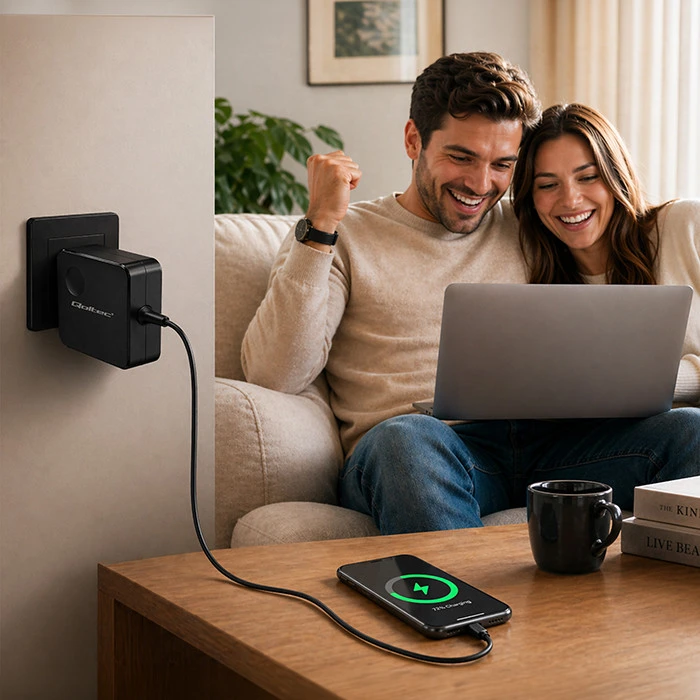 Qoltec 100W GaN Super Fast | USB-C PD | 5-20V | 3-5A | Nešiojamas kompiuteris | MacBook | Išmanusis telefonas | + kabelis 1.8m