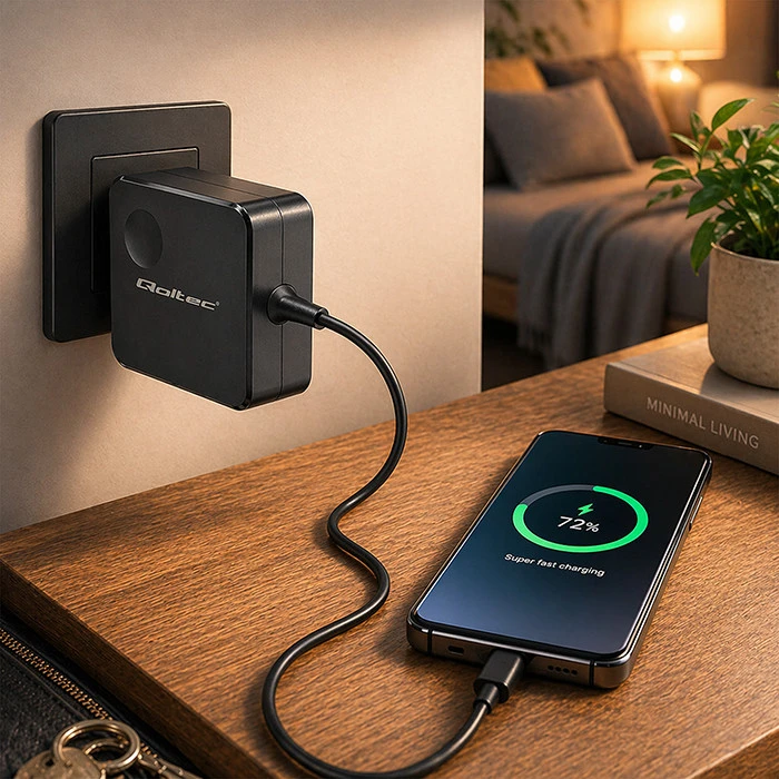 Qoltec 100W GaN Super Fast | USB-C PD | 5-20V | 3-5A | Nešiojamas kompiuteris | MacBook | Išmanusis telefonas | + kabelis 1.8m