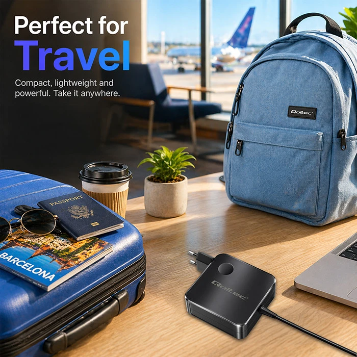 Qoltec 100W GaN Super Fast | USB-C PD | 5-20V | 3-5A | Nešiojamas kompiuteris | MacBook | Išmanusis telefonas | + kabelis 1.8m