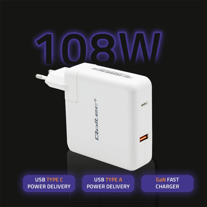 QOLTEC 51710 maitinimo įkroviklis GaN Fast 108W 5 20V 3 4.7A USB C Baltas