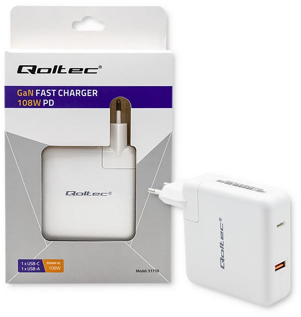 QOLTEC 51710 maitinimo įkroviklis GaN Fast 108W 5 20V 3 4.7A USB C Baltas