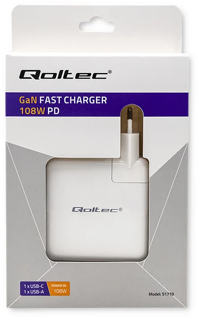 QOLTEC 51710 maitinimo įkroviklis GaN Fast 108W 5 20V 3 4.7A USB C Baltas