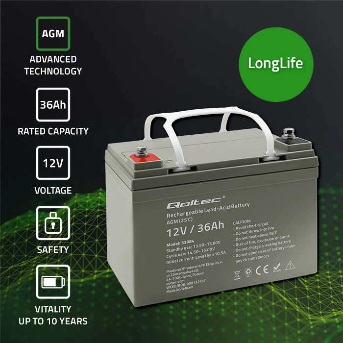 Qoltec 53084 AGM akumuliatorius | 12V | 36Ah